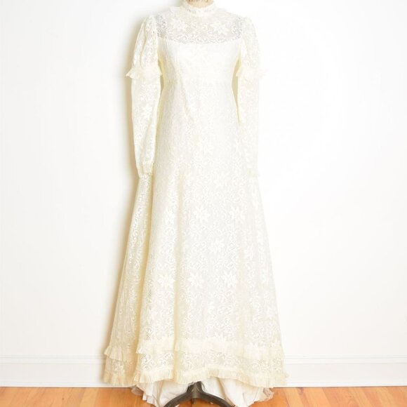 vintage 60s wedding dress cream crochet lace regency juliet gown puff sleeve S - Picture 2 of 11